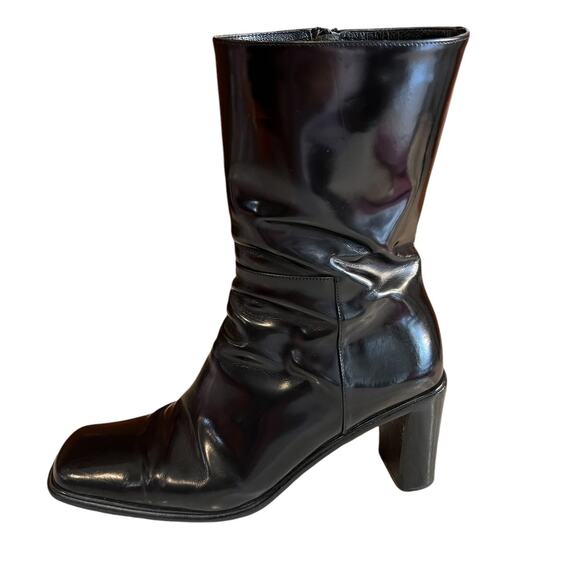 Via Spiga Y2K Patent Leather Mod Mid Calf Square Toe Boots Black - Picture 1 of 13